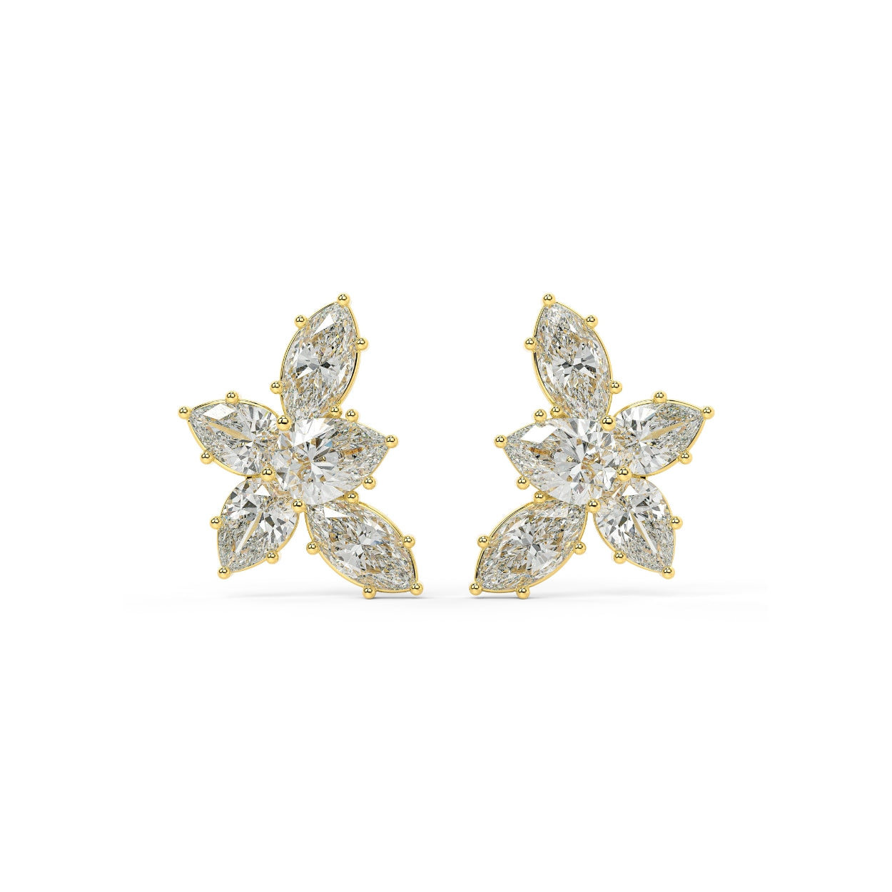 Pair of Alure Clusters 4.38 CTW lab-grown diamond floral stud earrings in yellow gold, showcasing marquise and pear cuts in a bold blooming cluster for timeless elegance and sparkle.
