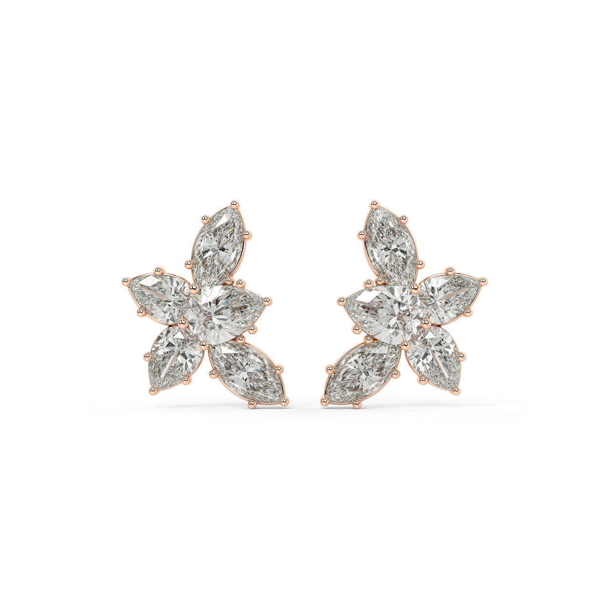 Pair of Alure Clusters 4.38 CTW lab-grown diamond floral stud earrings in rose gold, with marquise and pear cuts forming a blooming cluster for unmatched sparkle.