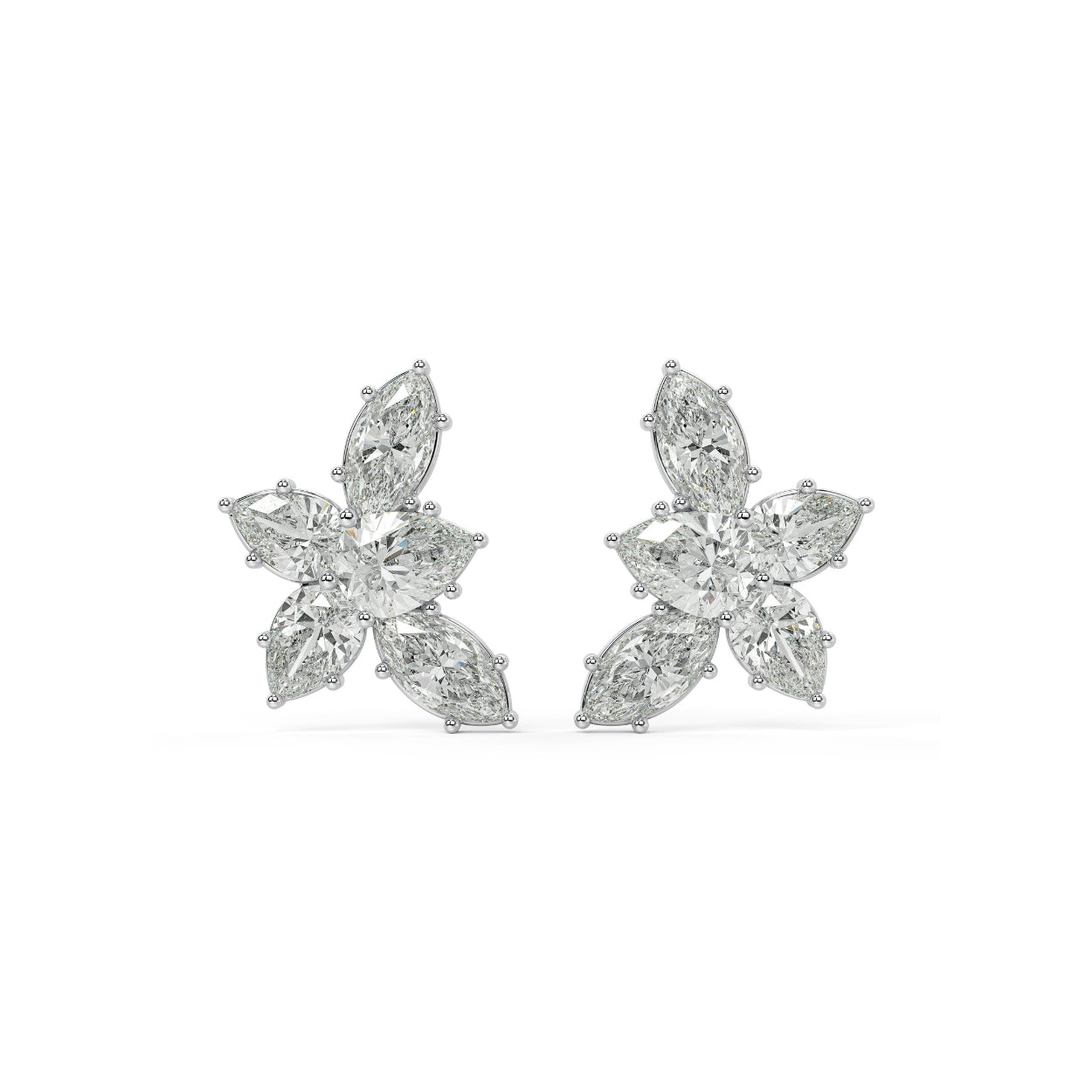 Pair of Alure Clusters 4.38 CTW lab-grown diamond floral stud earrings in white gold, featuring marquise and pear cuts in a timeless blooming cluster for effortless sparkle.