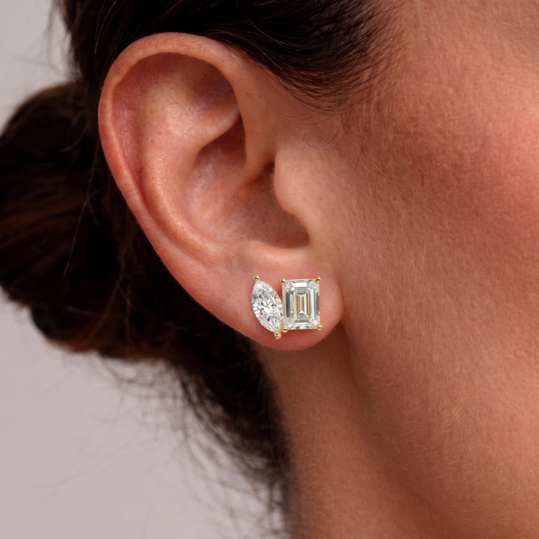 Toi et Moi Studs: Emerald and Marquise Lab-Grown Diamonds