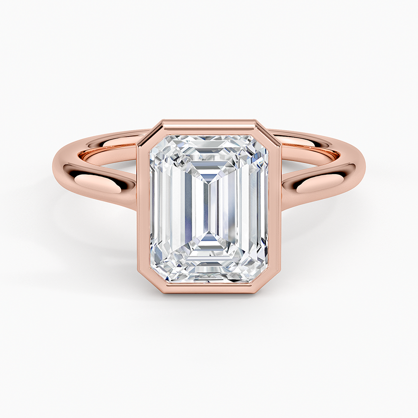 Bezel solitaire engagement ring setting in 14K rose gold, top view