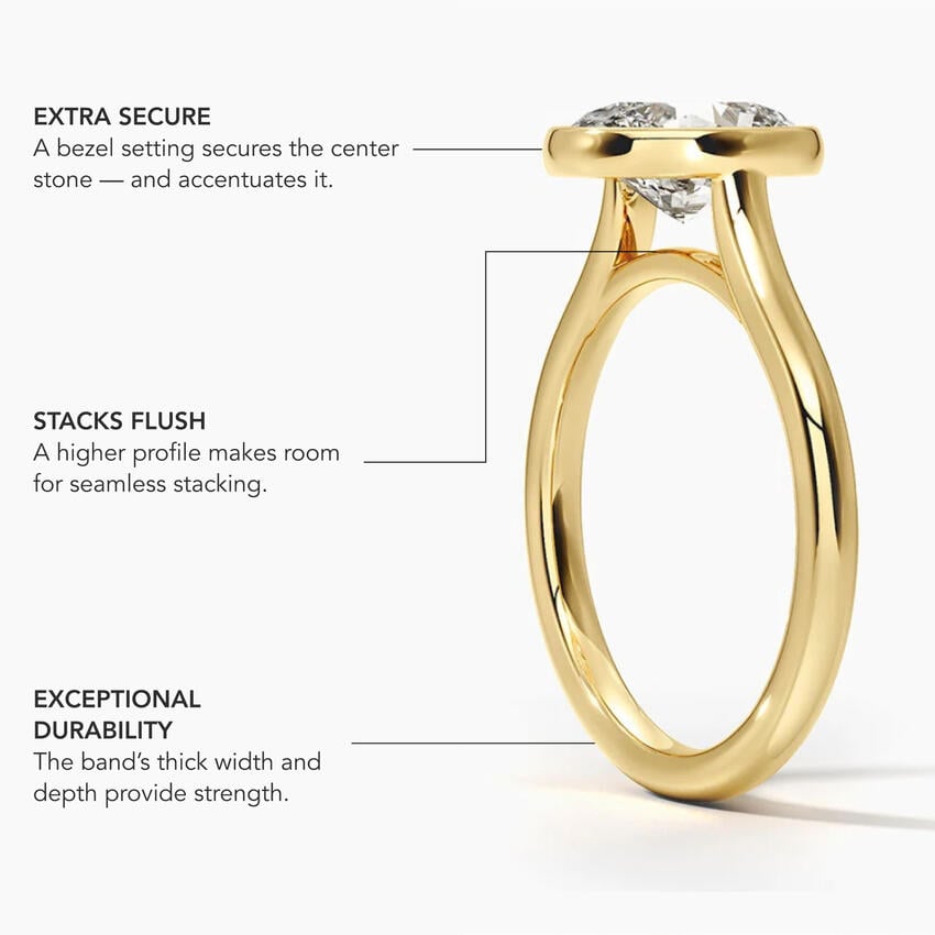 Bezel solitaire engagement ring setting in 14K rose gold, feature details