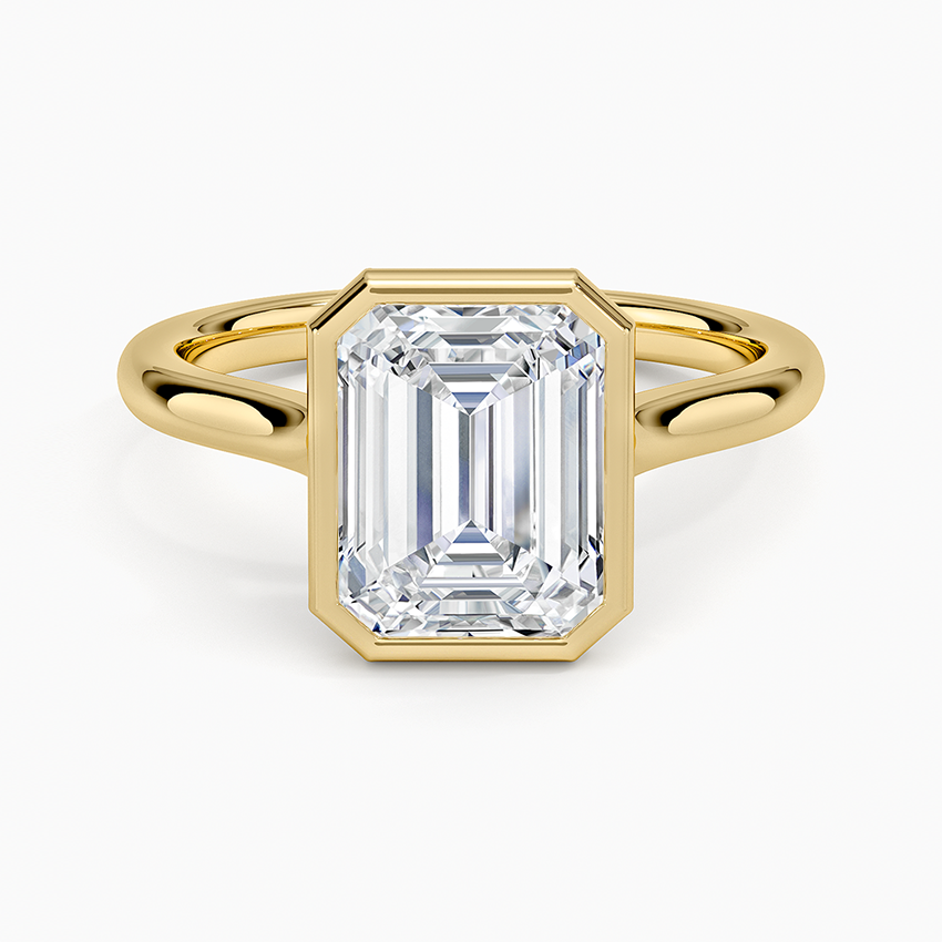 Bezel solitaire engagement ring setting in 14K yellow gold, top view