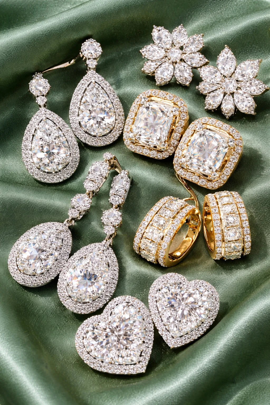 Diamore Luraya lab grown diamond earring collection featuring halo, drop, and huggie styles in gold and silver settings