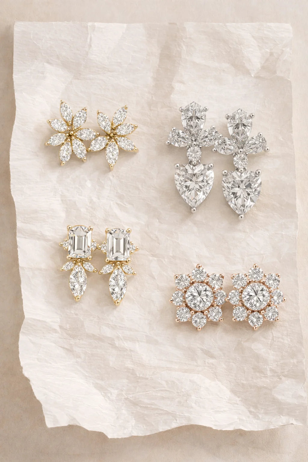 Four styles of Diamore Luraya lab grown diamond earrings crafted with repurposed gold, featuring floral, drop, emerald cut, and halo designs