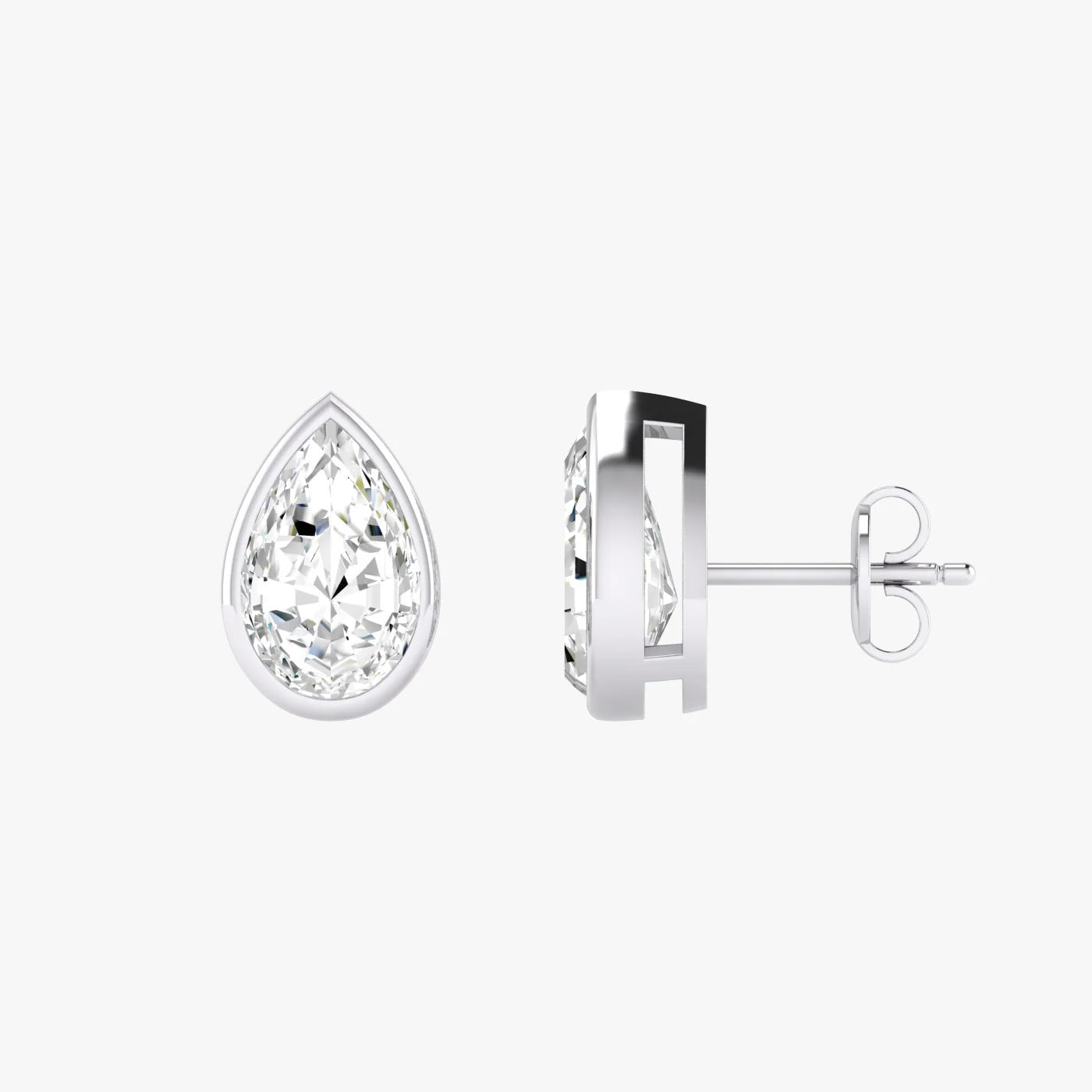 Side view of white gold lab-grown diamond pear earrings highlighting secure post and detailed prong settings on pear-shaped diamond, high-end craftsmanship