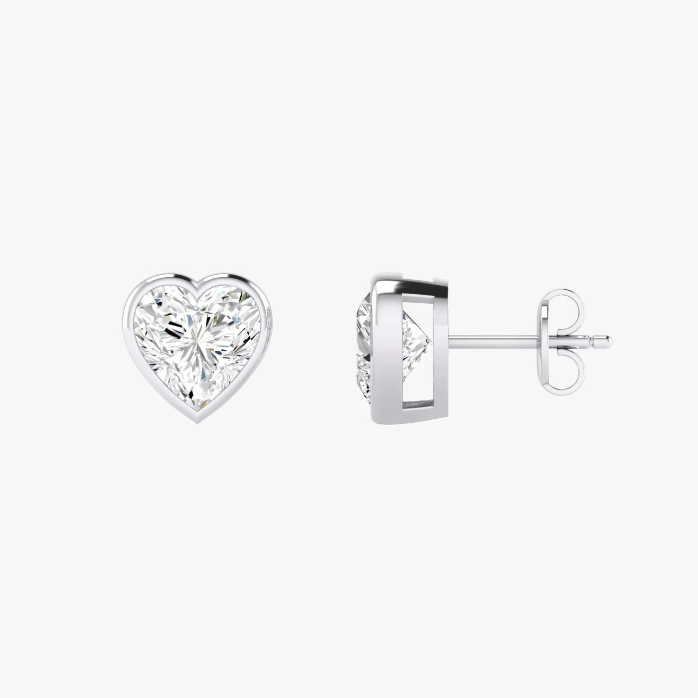 Side view of white gold lab-grown diamond heart earrings highlighting secure post and detailed prong settings on heart-shaped diamond, high-end craftsmanship