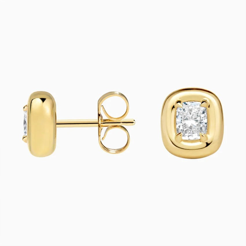 Side view of Aurette Cushion Studs featuring 2 carat cushion cut lab-grown diamonds in a platinum prong setting with a screw back closure.