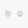 Pair of yellow gold lab-grown diamond heart stud earrings with single romantic heart-cut diamond in elegant prong setting, front view, luxury solitaire diamond jewelry
