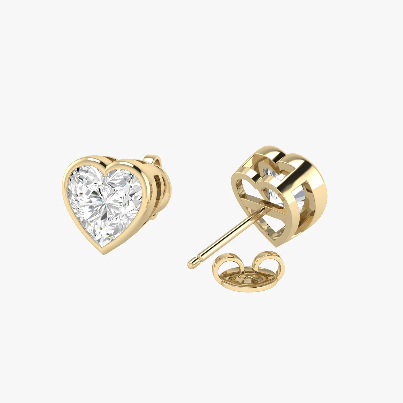 Front and angled views of yellow gold lab-grown diamond solitaire heart earrings with brilliant romantic cut, premium ethical luxury jewelry