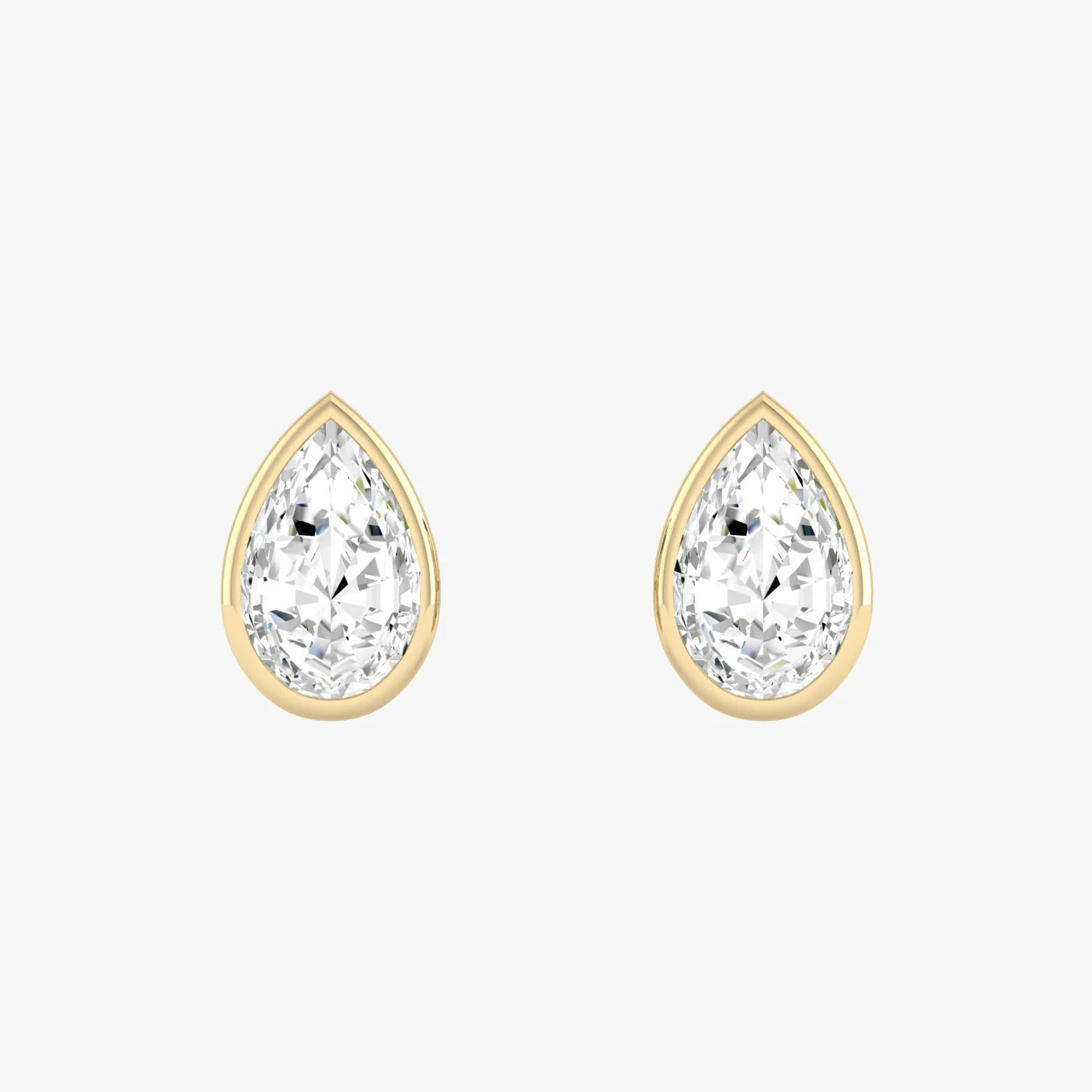 Pair of yellow gold lab-grown diamond pear stud earrings with single teardrop pear-cut diamond in elegant prong setting, front view, luxury solitaire diamond jewelry