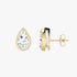 Side profile of yellow gold lab-grown diamond pear stud earrings displaying post backing and open basket prong setting, fine diamond craftsmanship
