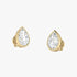 Model wearing yellow gold lab-grown diamond pear stud earrings on ear, side profile view, sparkling teardrop diamond design, elegant classic studs