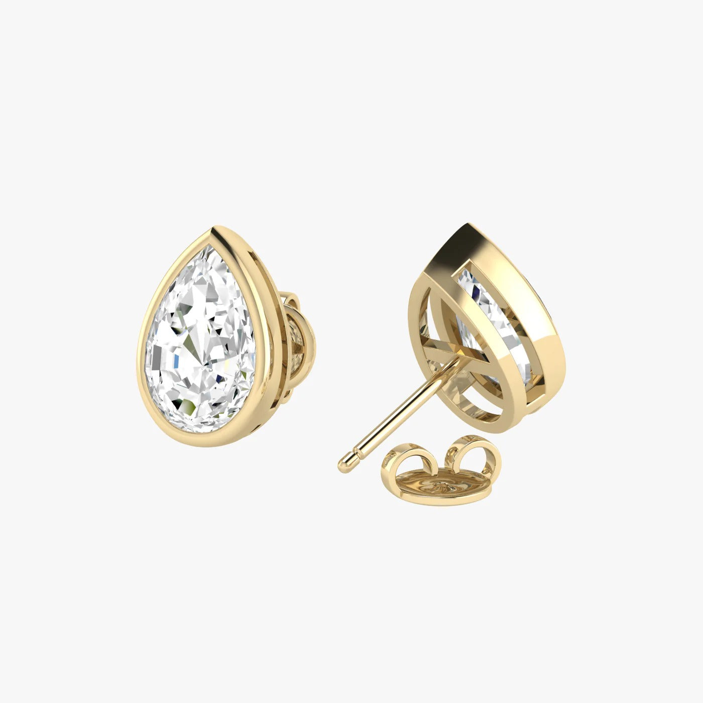 Front and angled views of yellow gold lab-grown diamond solitaire pear earrings with brilliant teardrop cut, premium ethical luxury jewelry