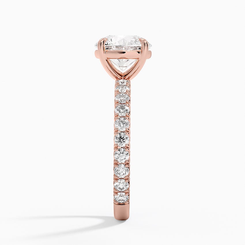 Pavé engagement ring setting in 14K rose gold, profile view