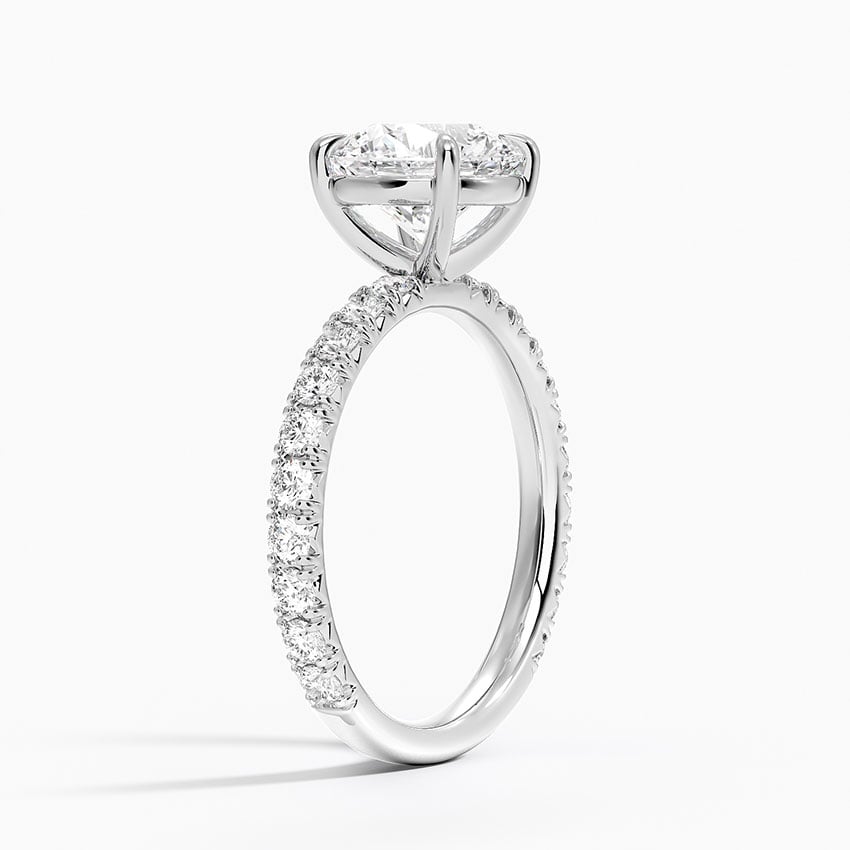 Pavé engagement ring setting in 14K white gold, angled side view