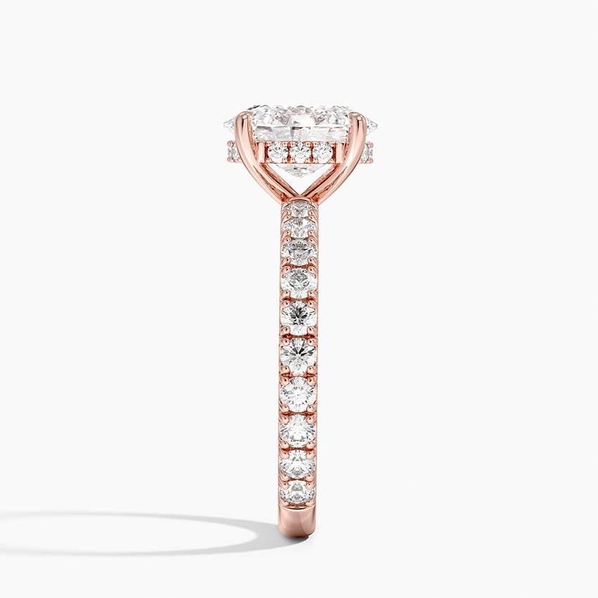 Pavé engagement ring setting in 14K rose gold, profile view