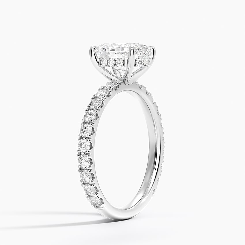 Pavé engagement ring setting in 14K white gold, angled side view