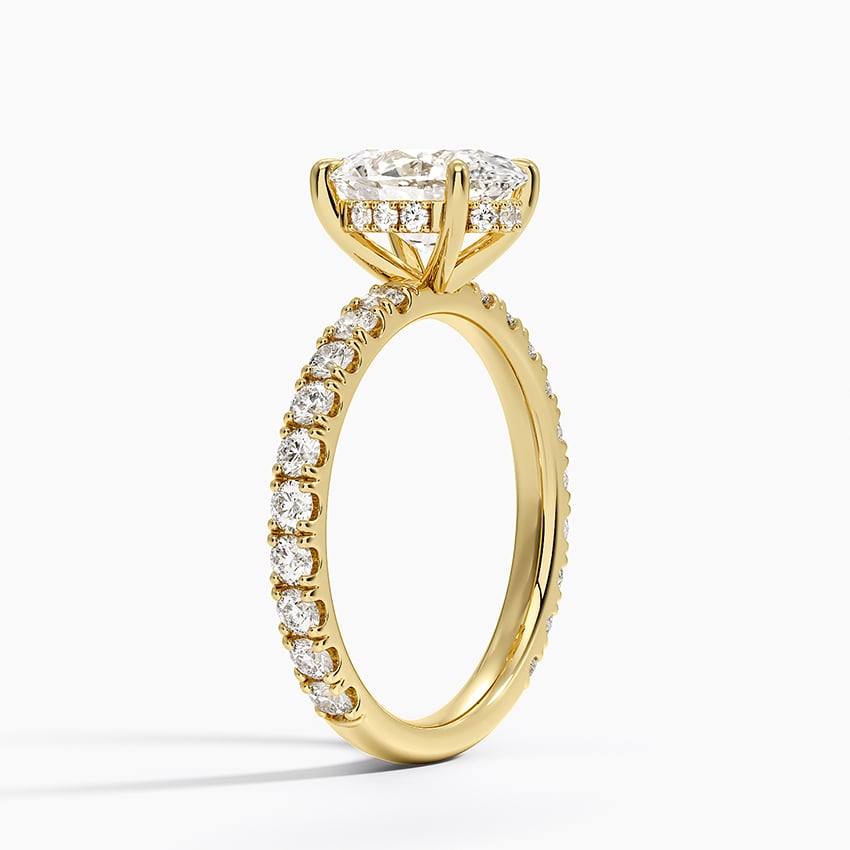 Pavé engagement ring setting in 14K yellow gold, angled side view