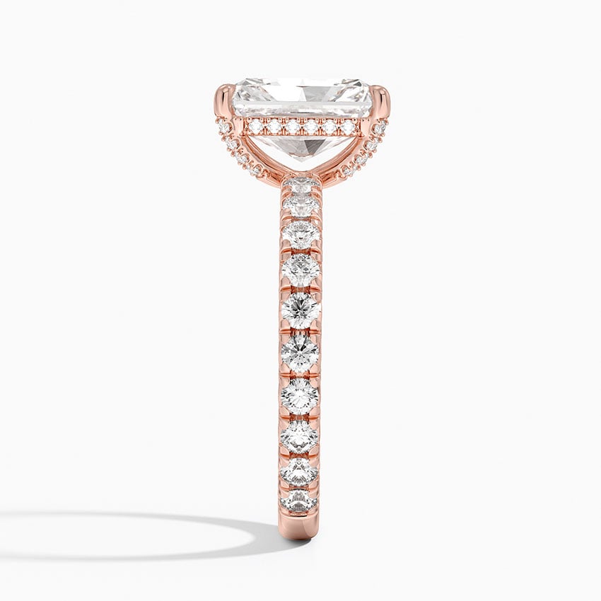 Pavé engagement ring setting in 14K rose gold, profile view