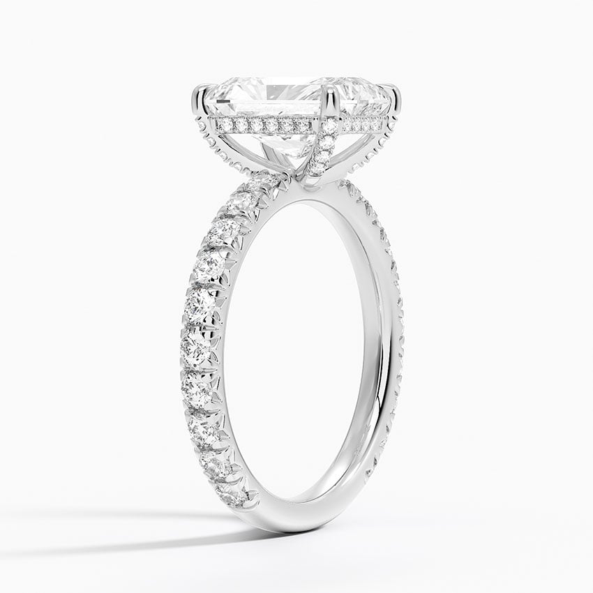 Pavé engagement ring setting in 14K white gold, angled side view