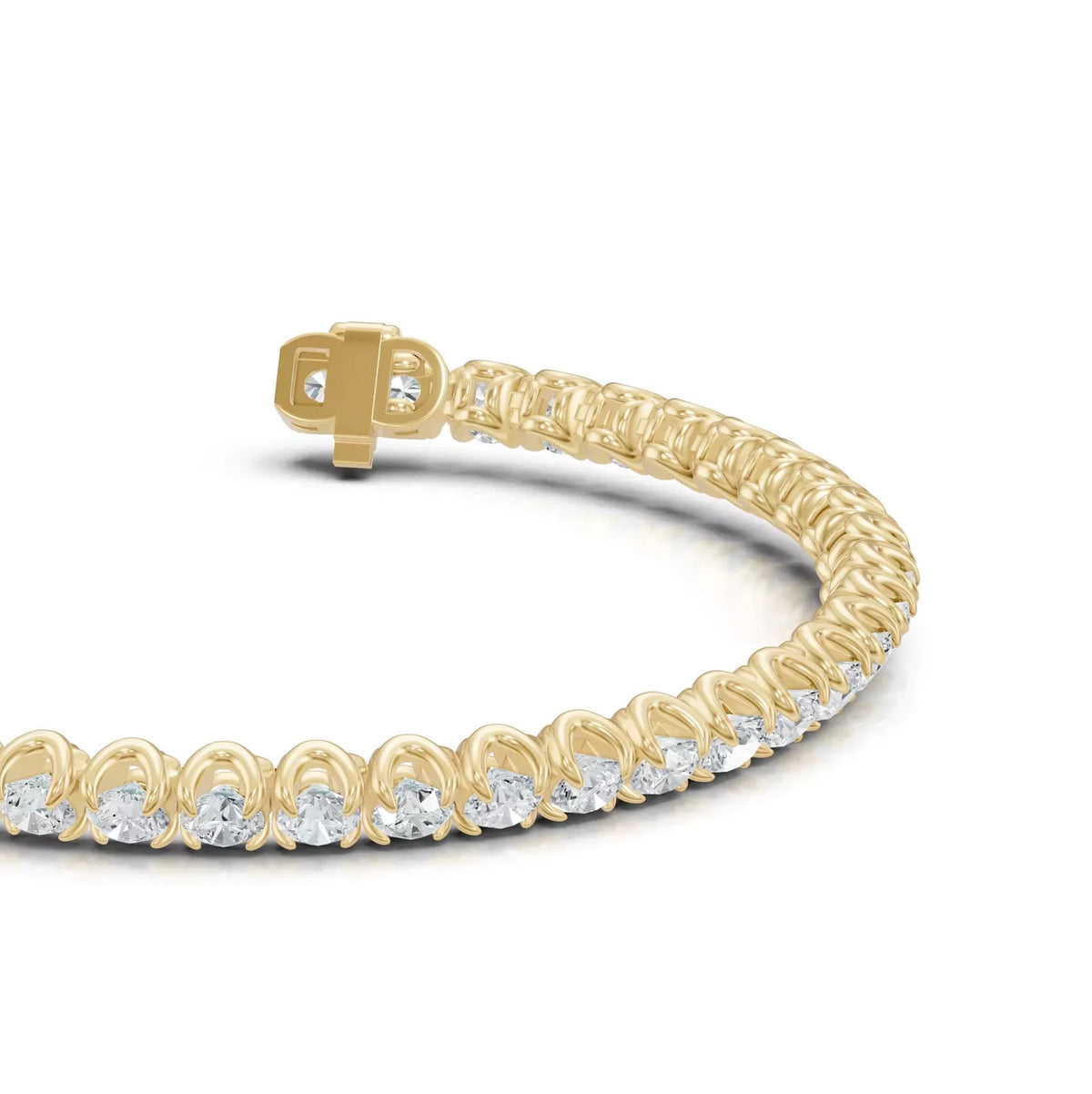 Close-up of U-shaped prongs on a yellow gold tennis bracelet