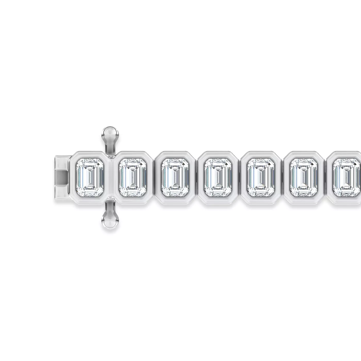 Close-up of emerald bezel settings and box clasp in white gold