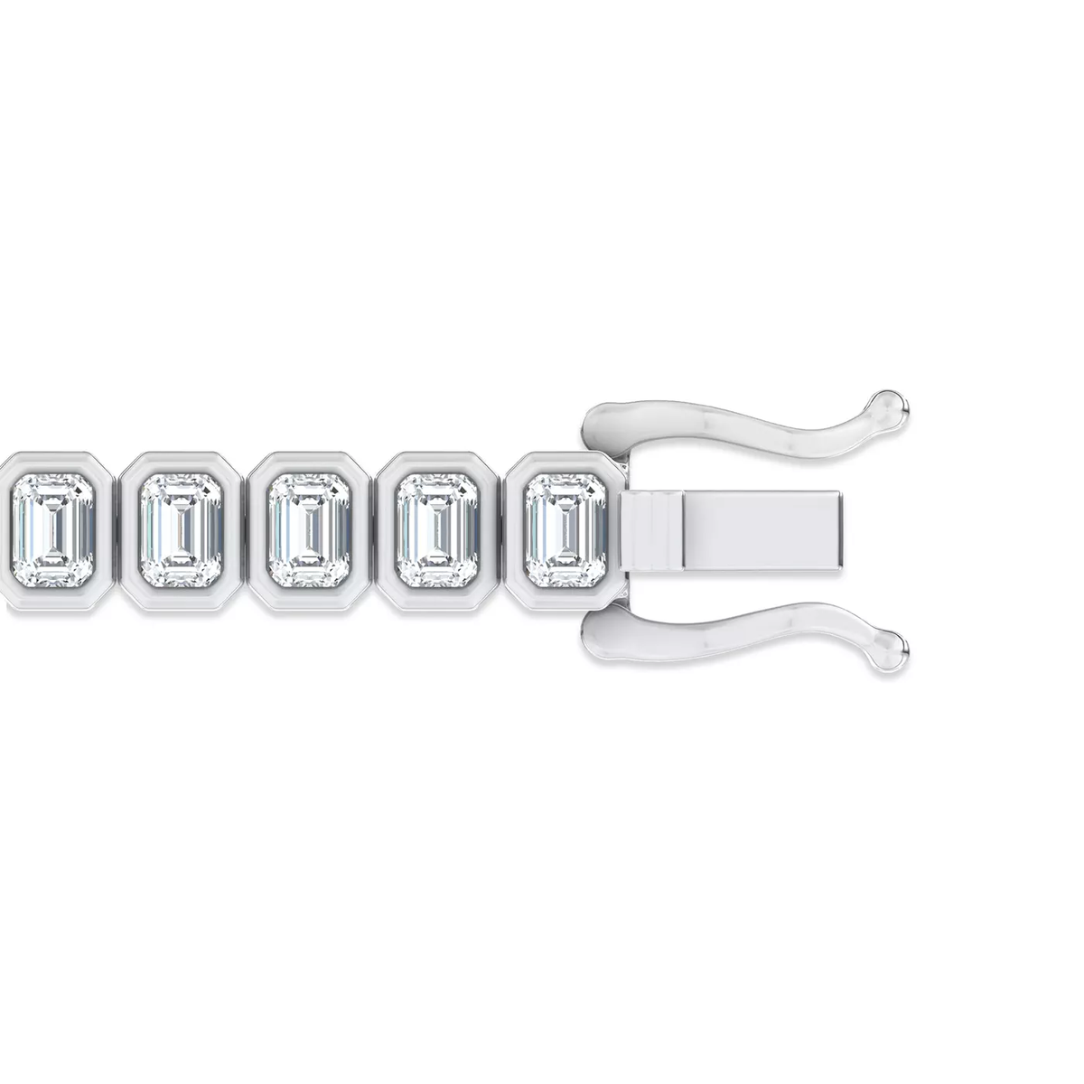 Emerald bezel tennis bracelet clasp with safety latch in white gold