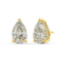 Angled view of yellow gold pear hidden halo earrings showing three-prong setting