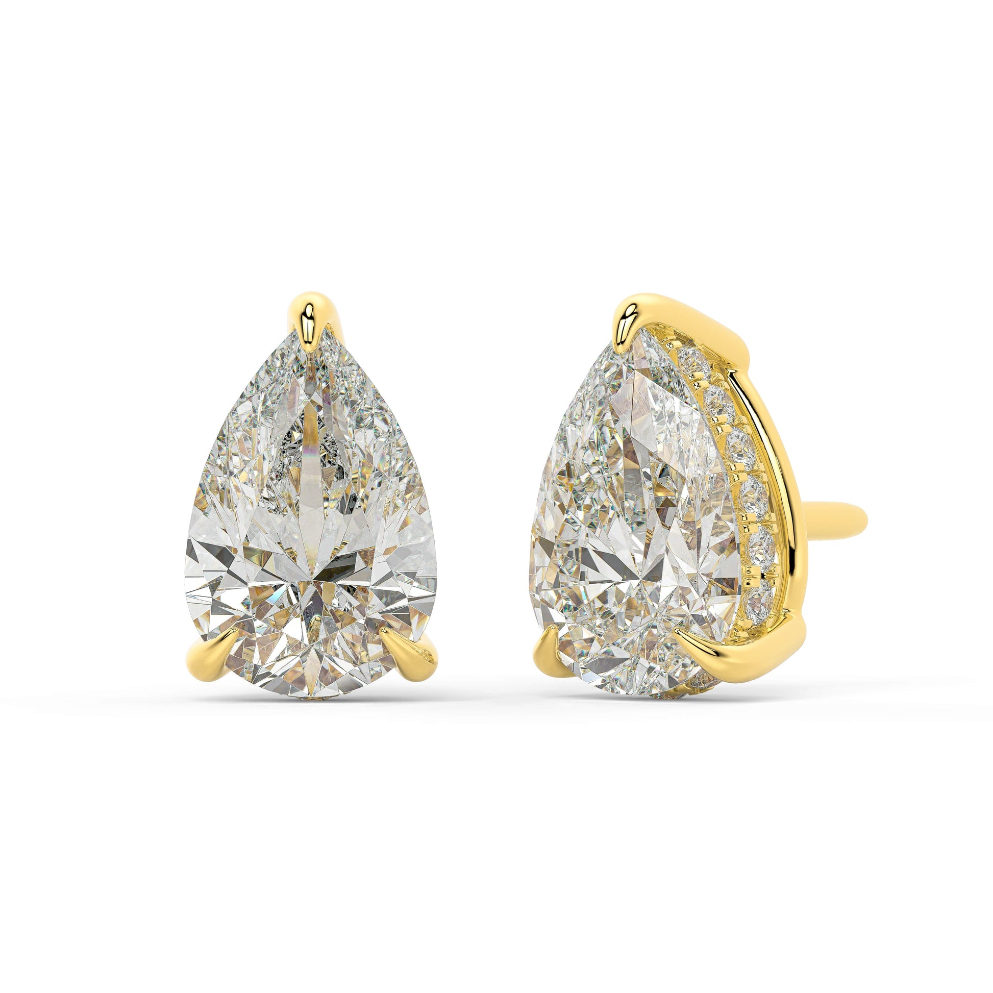 Angled view of yellow gold pear hidden halo earrings showing three-prong setting
