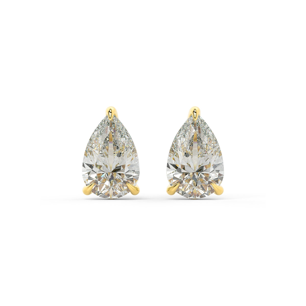 Yellow gold pear hidden halo lab-grown diamond earrings on white background
