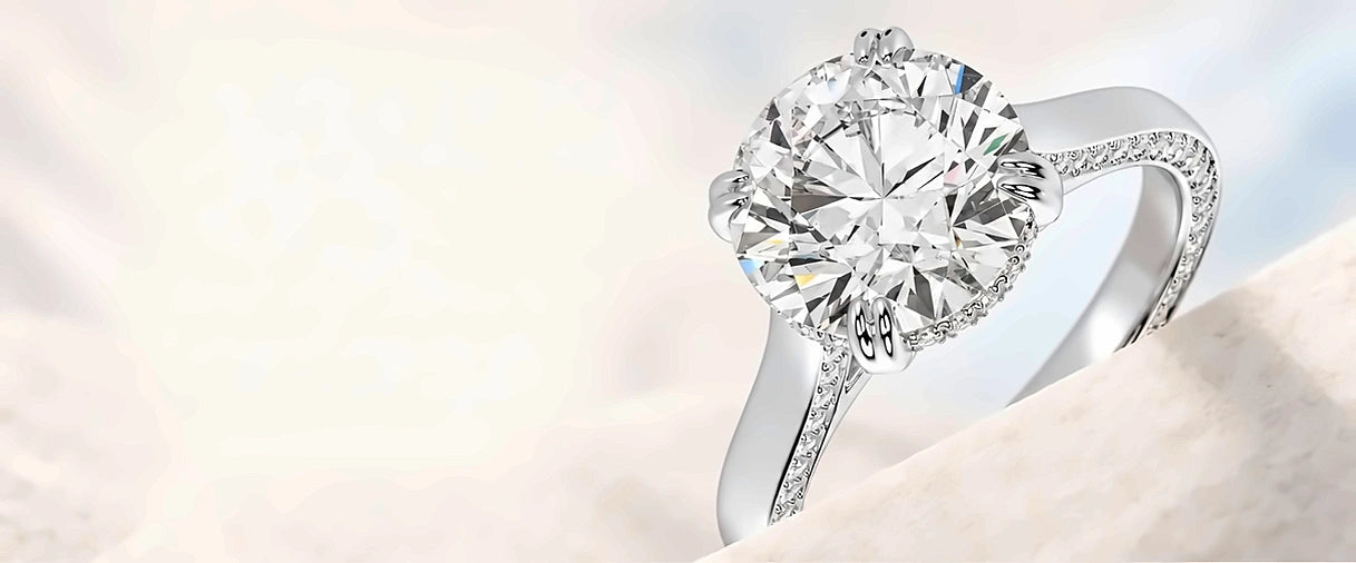 Round lab-grown diamond engagement ring with a pave band in white gold